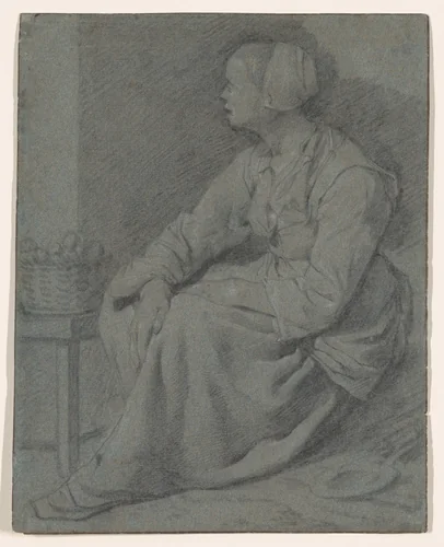 A Woman Seated Near a Basket on a Stool by Cornelis Bega, drawing, 1650-1664