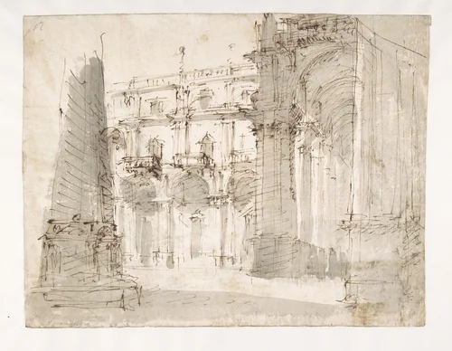 Street Scene with a Palace Façade and an Arcade by Fabrizio Galliari, drawing, 1707-1794