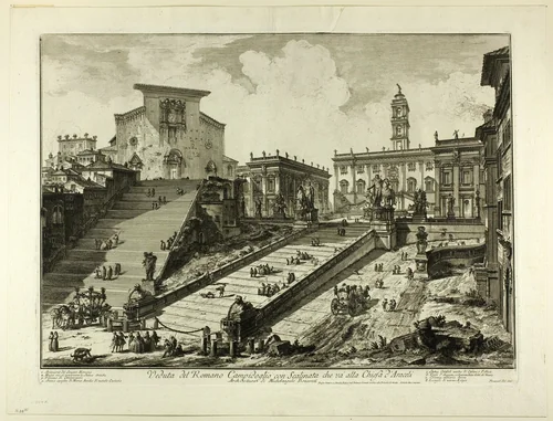 View of the Capitoline Hill with the steps to the Church of S. Maria in Aracoeli, from Views of Rome by Giovanni Battista Piranesi, print, 1750-1759