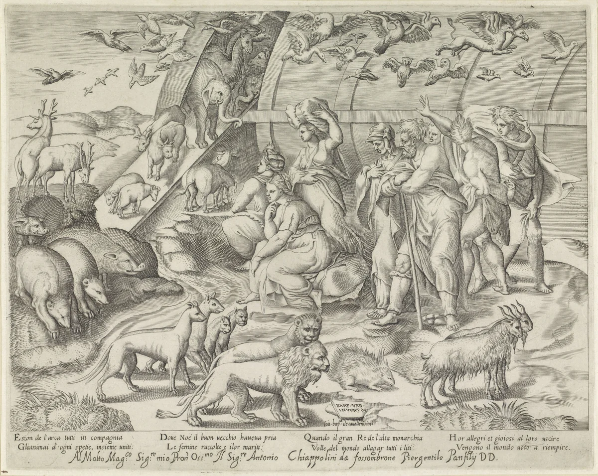 Noach verlaat de ark by Unknown, print, 1535-1601