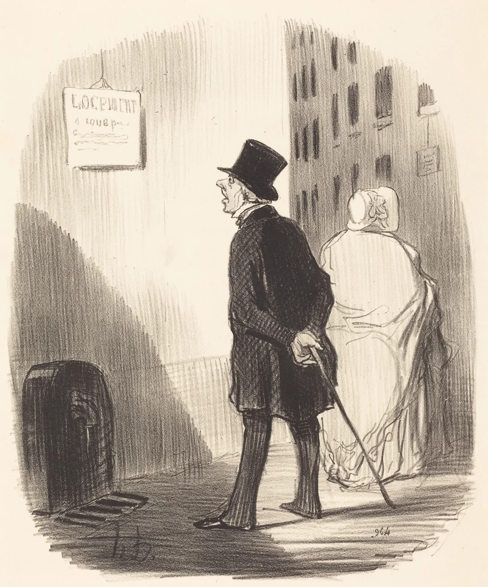 Tiens, voilà un écriteau que ma femme a passé... by Honoré Daumier, print, 1848