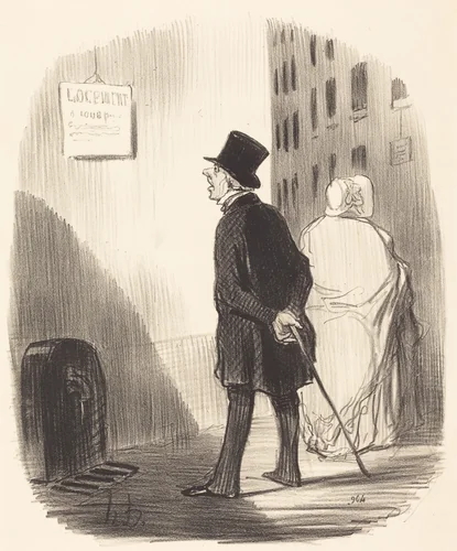 Tiens, voilà un écriteau que ma femme a passé... by Honoré Daumier, print, 1848