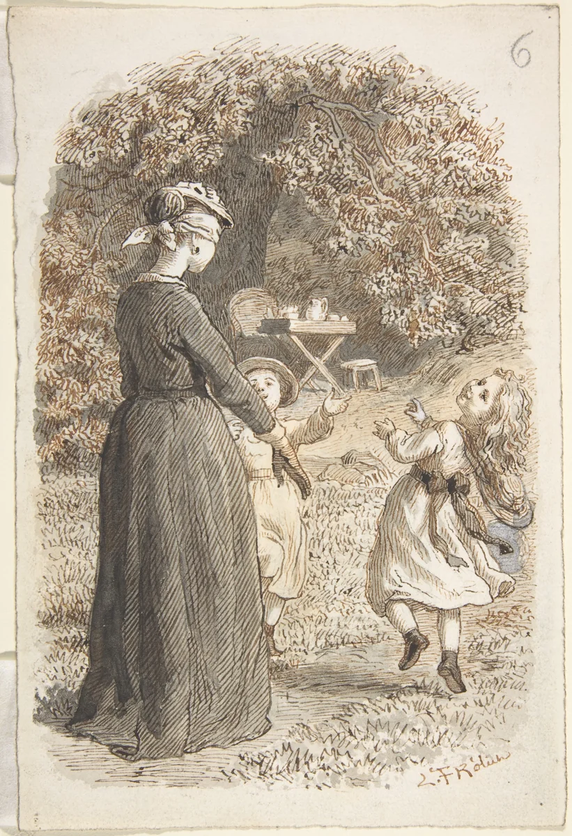 A Mother and Two Children Playing Blind Man's Bluff by Lorenz Frølich, drawing, 1835-1903