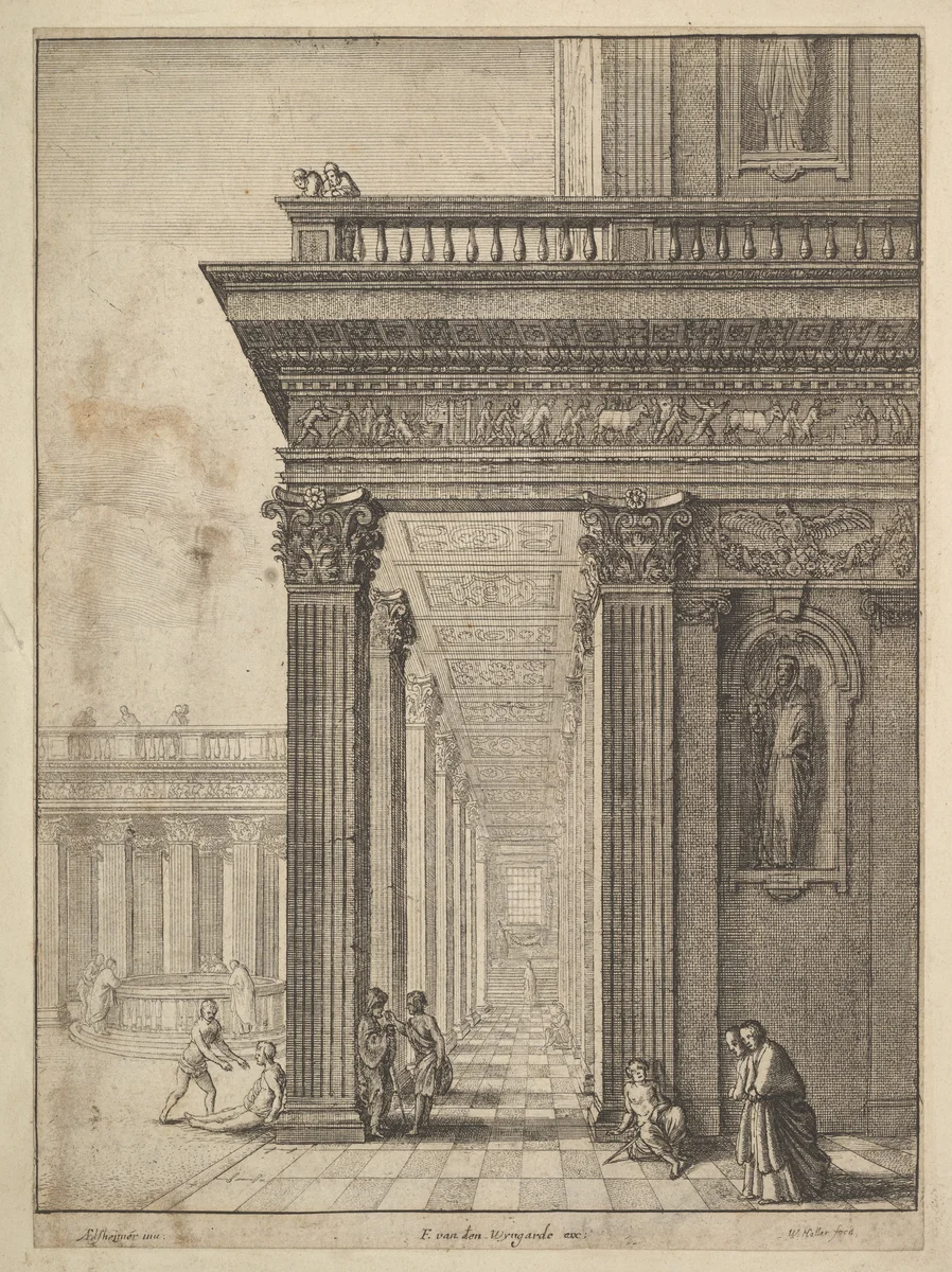 Temple courtyard with figures by Wenceslaus Hollar, print, 1644-1652