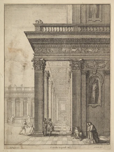 Temple courtyard with figures by Wenceslaus Hollar, print, 1644-1652