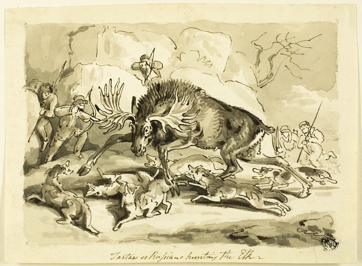 Tartars or Russians Hunting an Elk by Samuel Howett, drawing, 1785-1822