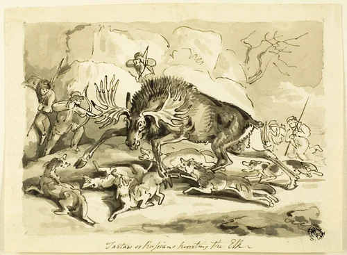 Tartars or Russians Hunting an Elk by Samuel Howett, drawing, 1785-1822