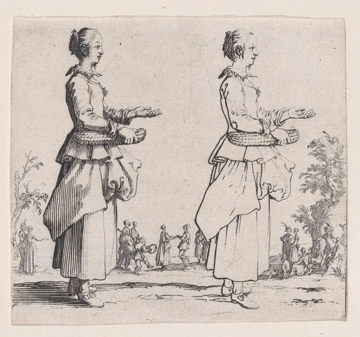 La Paysanne Tournée a Droite et Tenant un Panier (The Peasant Woman Turned to the Right and Holding a Basket), from "Varie Figure" (Various Figures) by Jacques Callot, print, 1615-1625