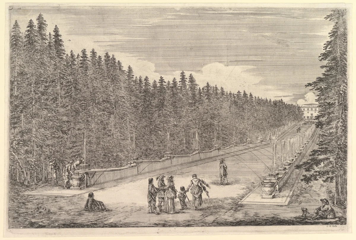 An alley of fountains, a group of people, from "Views of the villa at Pratolino" (Vues de la villa de Pratolino) by Stefano della Bella, print, 1648-1658