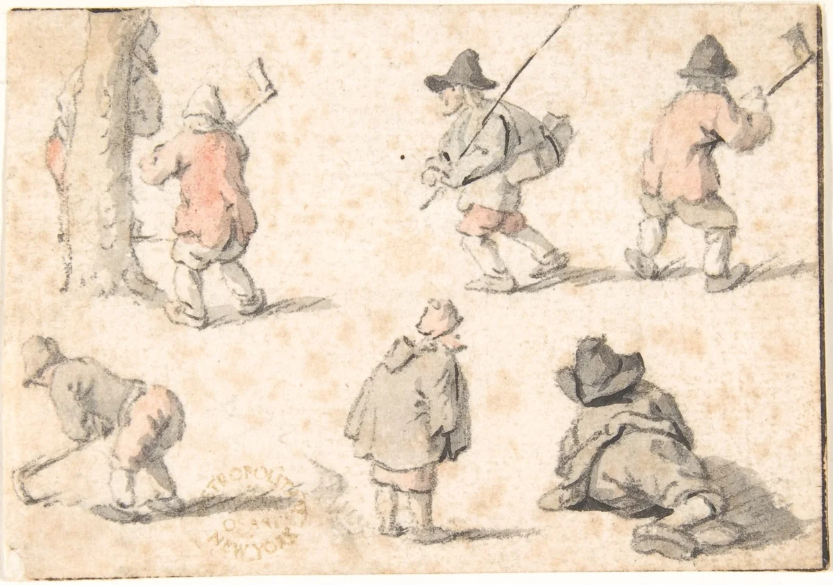 Studies of Peasants by Herman Saftleven II, drawing, 1625-1685