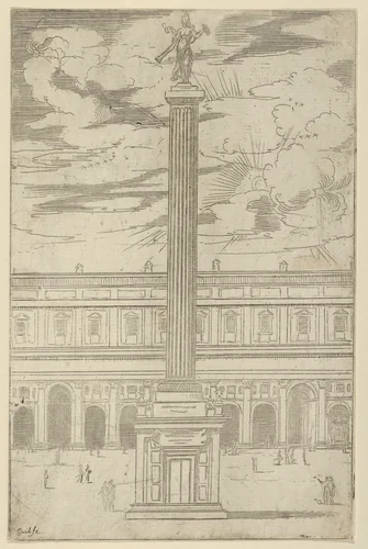 Triumphal column with female figure of Fame holding a trumpet at the top, a temporary decoration for the entry of Pope Clement VIII in Bologna in 1598 by Guido Reni, print, 1598