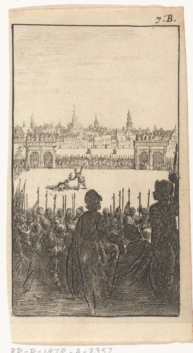 Gevecht tussen twee gewapende mannen by Abraham Dircksz. Santvoort, print, 1667