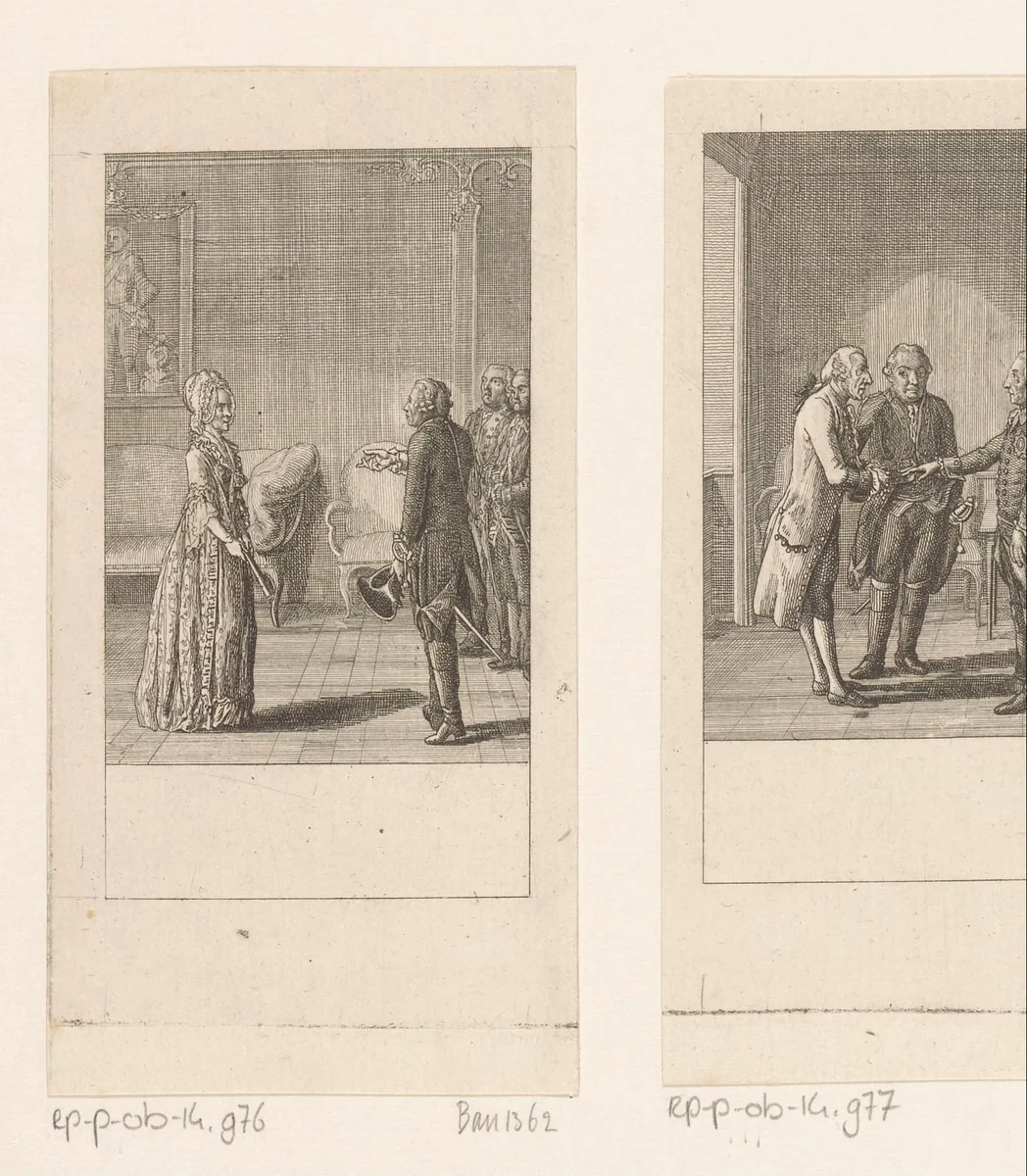 Frederik II met Karschin in gesprek over haar dochter by Daniel Nikolaus Chodowiecki, print, 1788