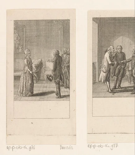 Frederik II met Karschin in gesprek over haar dochter by Daniel Nikolaus Chodowiecki, print, 1788