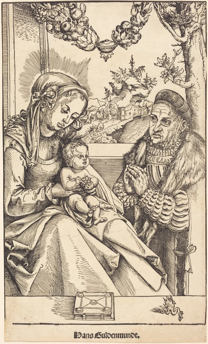 The Virgin and Child Adored by Frederic the Wise of Saxony by Lucas Cranach, print, 1472-1553