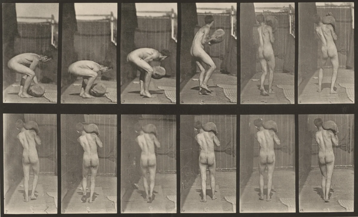 Plate Number 397. Lifting a 75-lb. stone on shoulder by Eadweard Muybridge, photograph, 1887