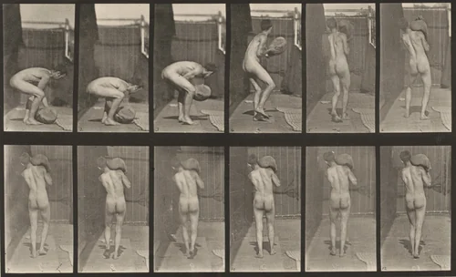 Plate Number 397. Lifting a 75-lb. stone on shoulder by Eadweard Muybridge, photograph, 1887