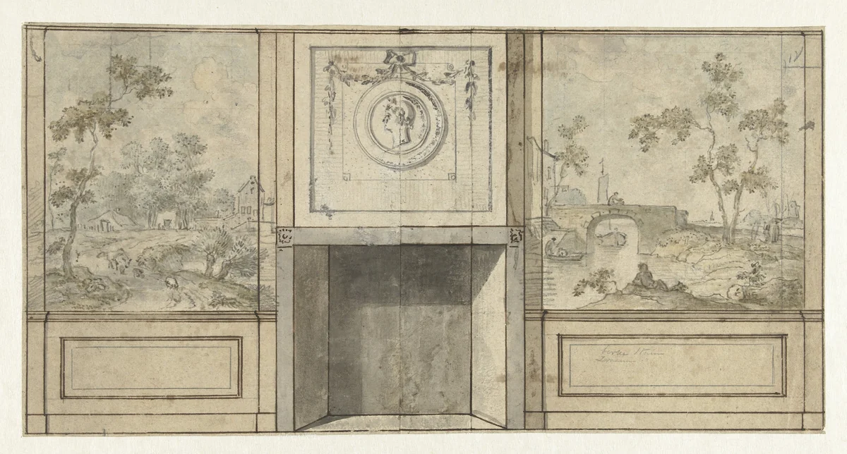 Ontwerp voor kamerwand met haard met grauwtje met medaillon by Jurriaan Andriessen, drawing, 1752-1819