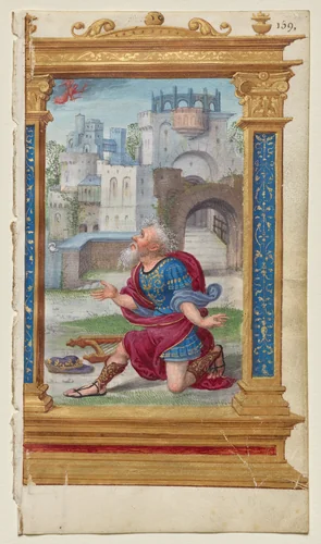 Leaf from a Book of Hours: King David in Prayer (2 of 3 Excised Leaves) by Noël Bellemare, manuscript, 1525-1540