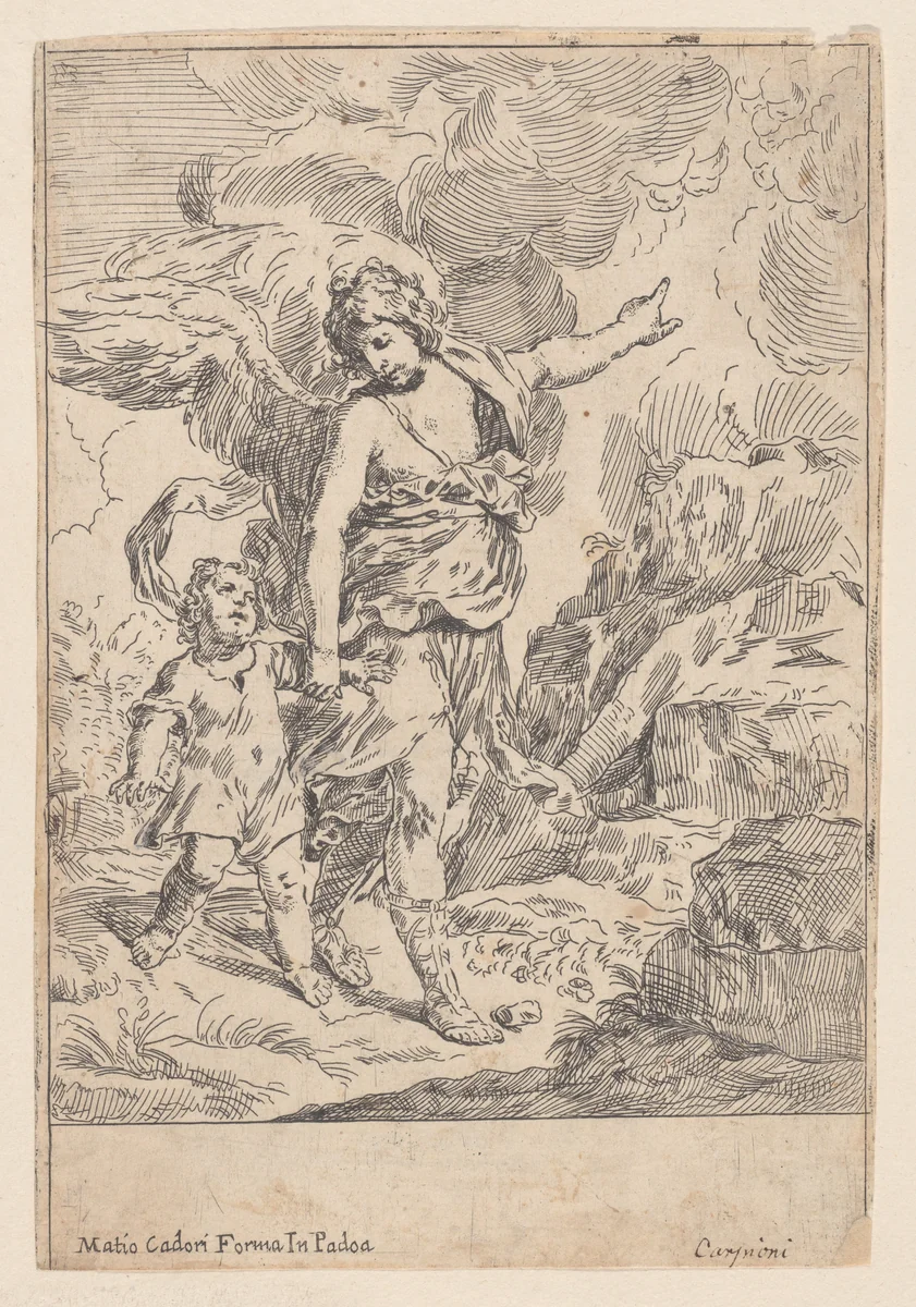 A guardian angel walking hand in hand with a young child by Giulio Carpioni, print, 1640-1660