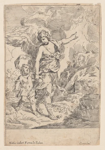 A guardian angel walking hand in hand with a young child by Giulio Carpioni, print, 1640-1660