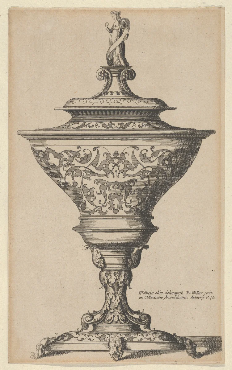 Ornate goblet on feet of masks by Wenceslaus Hollar, print, 1645
