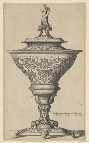 Ornate goblet on feet of masks by Wenceslaus Hollar, print, 1645