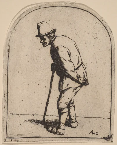 Peasant with a Crooked Back Leaning on a Stick by Adriaen van Ostade, print, 1648-1658