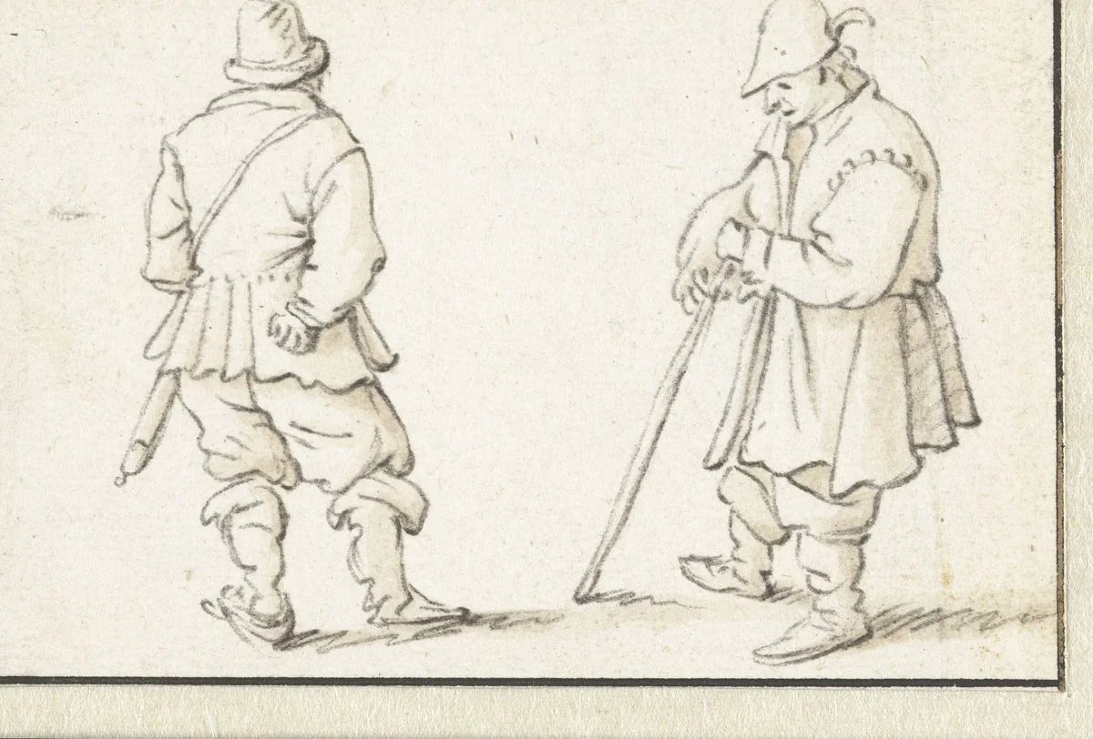 Twee staande mannen by Herman Saftleven, drawing, 1619-1685
