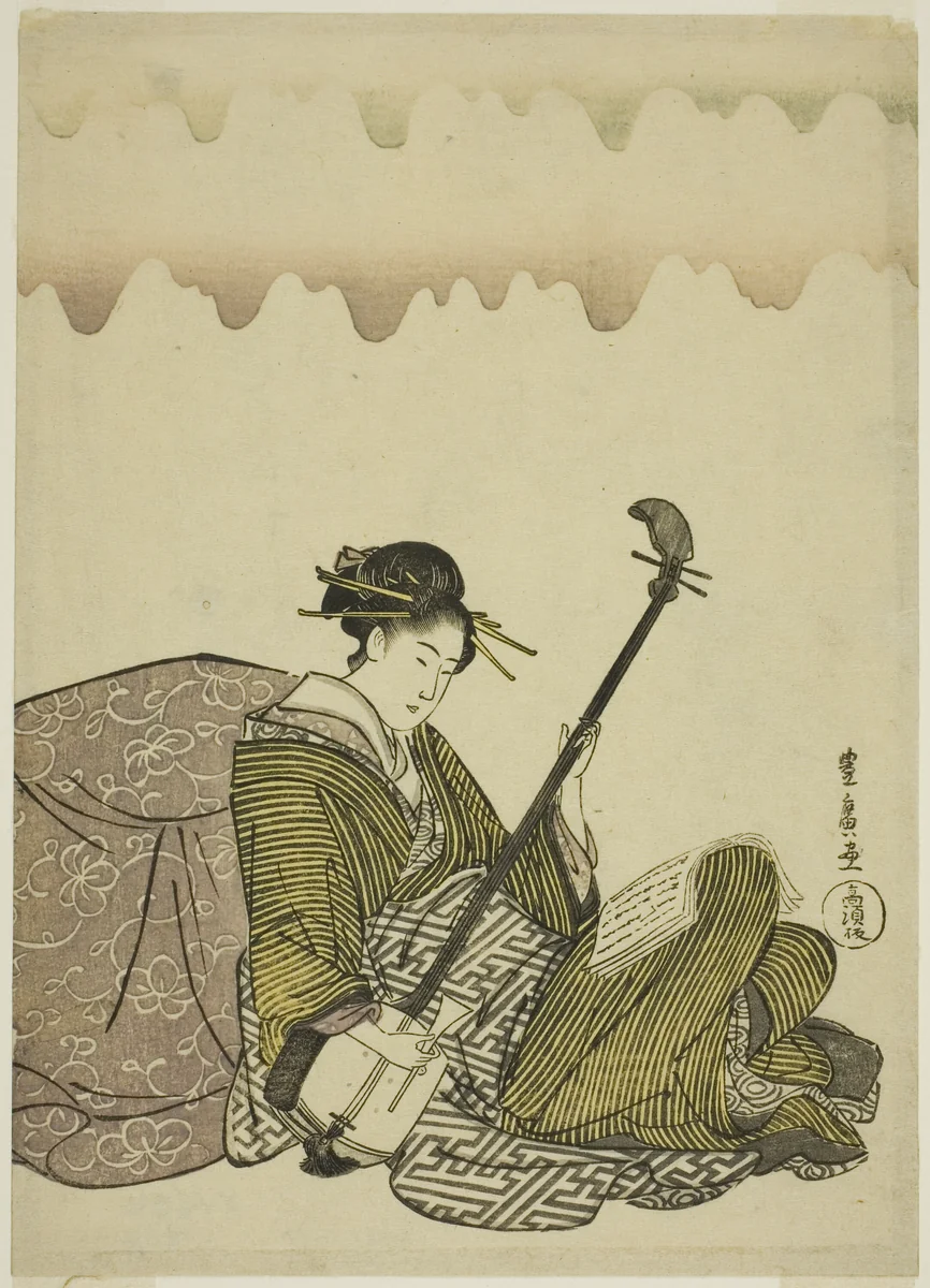 Woman playing shamisen, from an untitled series of women at leisure by Utagawa Toyohiro (歌川豊広), print, 1790-1805