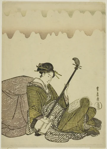 Woman playing shamisen, from an untitled series of women at leisure by Utagawa Toyohiro (歌川豊広), print, 1790-1805