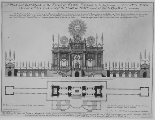 Peace of Aix-la-Chapelle: A Plan and Elevation of the Royal Fire-Works, London, 1749 by George Vertue, print, 1744-1754