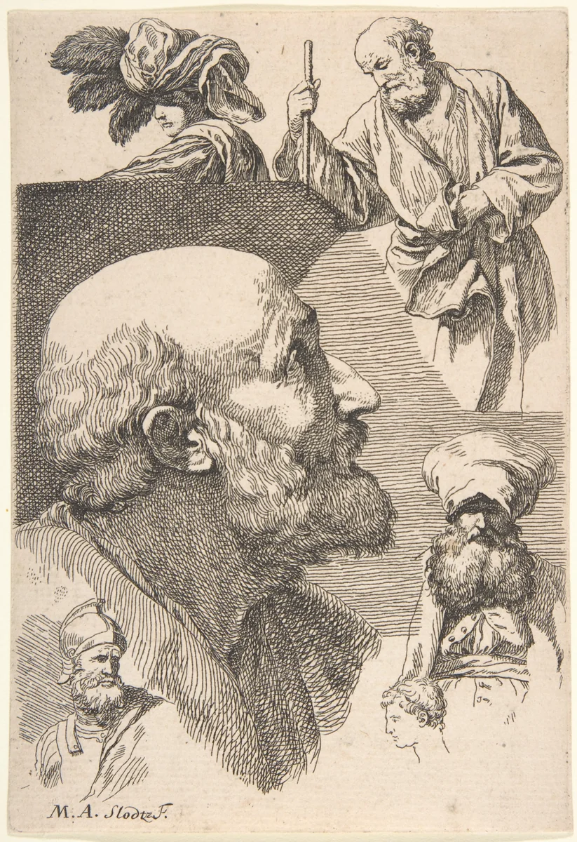 Figure and Head Studies by René Michel Slodtz, print, 1727-1737