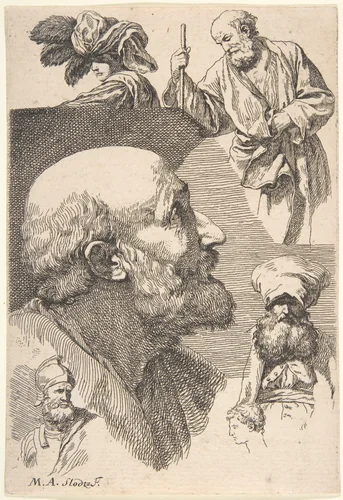 Figure and Head Studies by René Michel Slodtz, print, 1727-1737