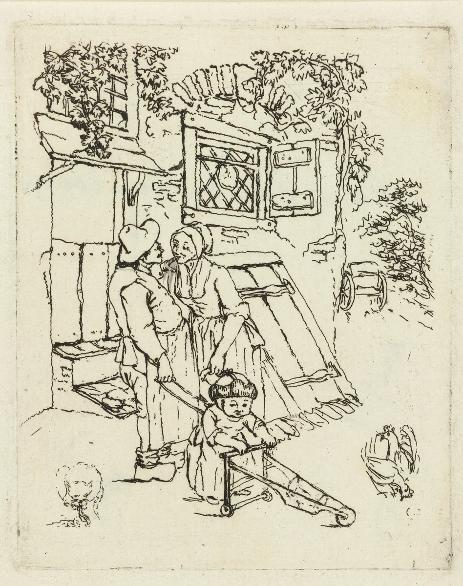 Boer en boerin met kind voor een huis by Marie Lambertine Coclers, print, 1776-1815