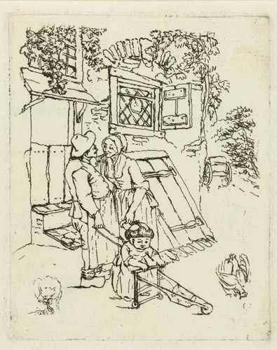Boer en boerin met kind voor een huis by Marie Lambertine Coclers, print, 1776-1815