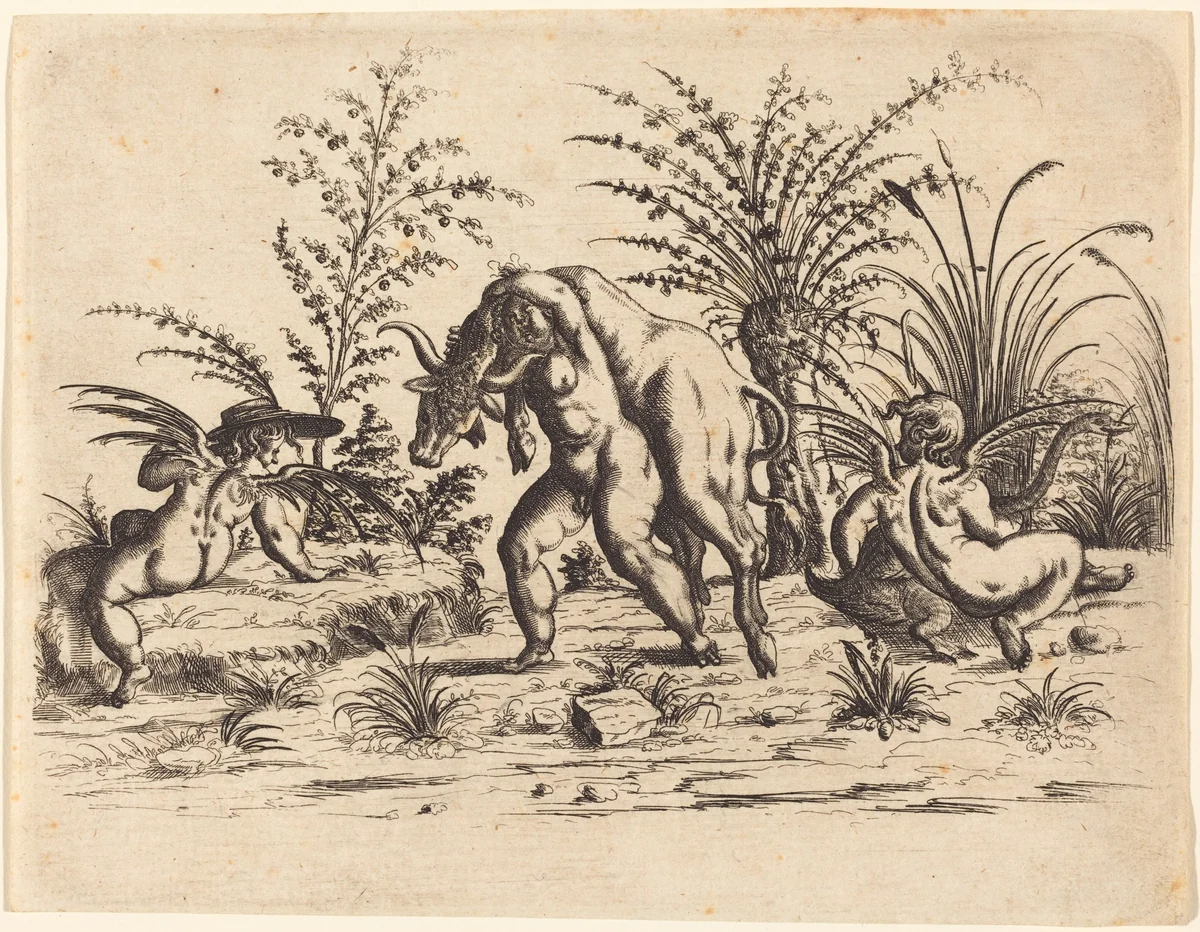 Three Putti with a Dead Bull by Christoph Jamnitzer, print, 1610
