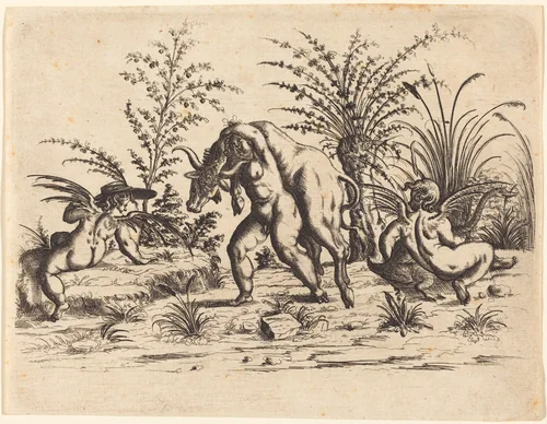 Three Putti with a Dead Bull by Christoph Jamnitzer, print, 1610