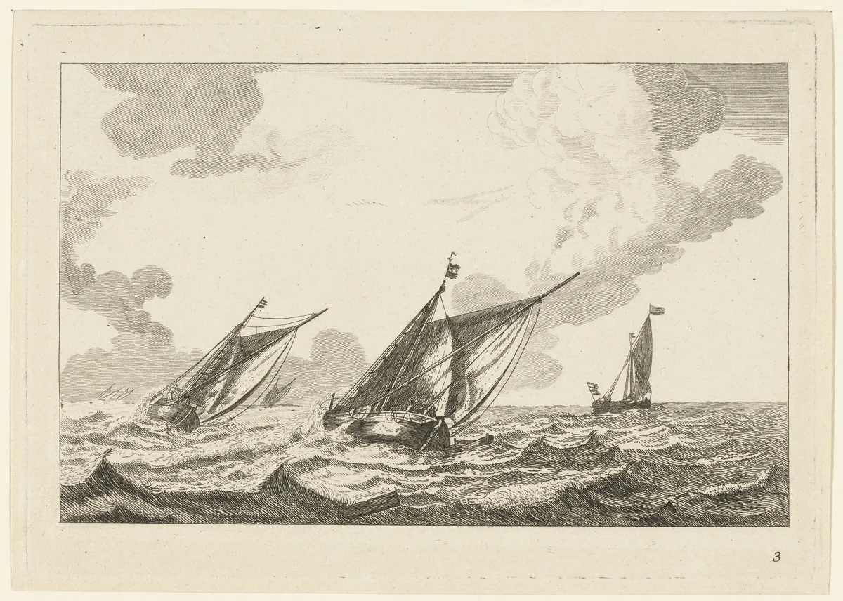 Drie zeilschepen op een ruwe zee by anonymous, print, 1700-1799
