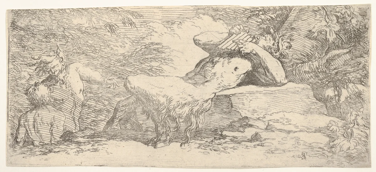 Piping satyr and two fauns, from "The Triton Group" by Salvator Rosa, print, 1655-1666