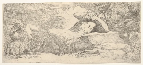 Piping satyr and two fauns, from "The Triton Group" by Salvator Rosa, print, 1655-1666