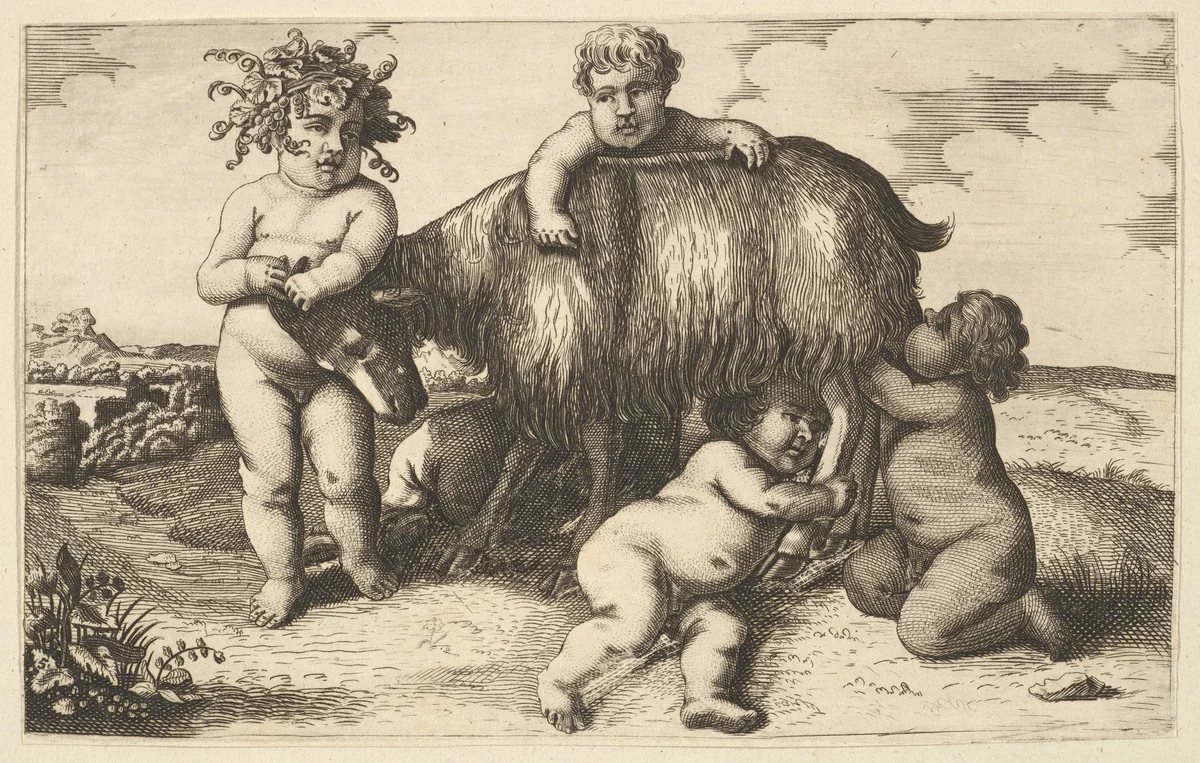 Four boys, a young satyr, and a goat (copy in reverse) by Wenceslaus Hollar, print, 1650-1750