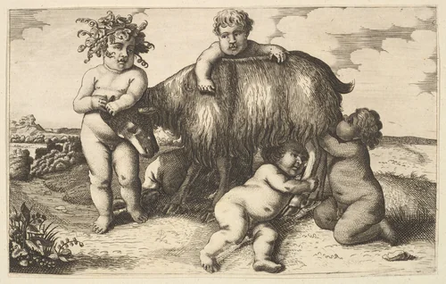Four boys, a young satyr, and a goat (copy in reverse) by Wenceslaus Hollar, print, 1650-1750