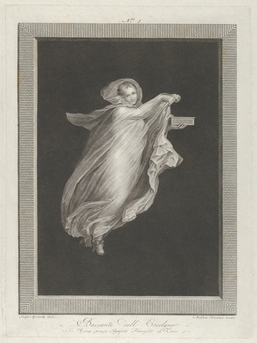 A bacchante wearing a hooded shawl and holding a box in her left hand, set against a black background inside a rectangular frame by Antonio Ricciani, print, 1790-1825