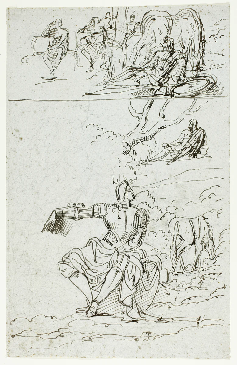 Study Sheet with Seated Knight (recto); Standing Male Figure in Medieval Dress (verso) by Unknown Artist, drawing, 1700-1899