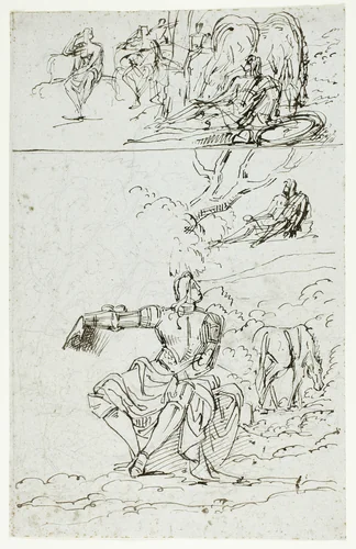 Study Sheet with Seated Knight (recto); Standing Male Figure in Medieval Dress (verso) by Unknown Artist, drawing, 1700-1899