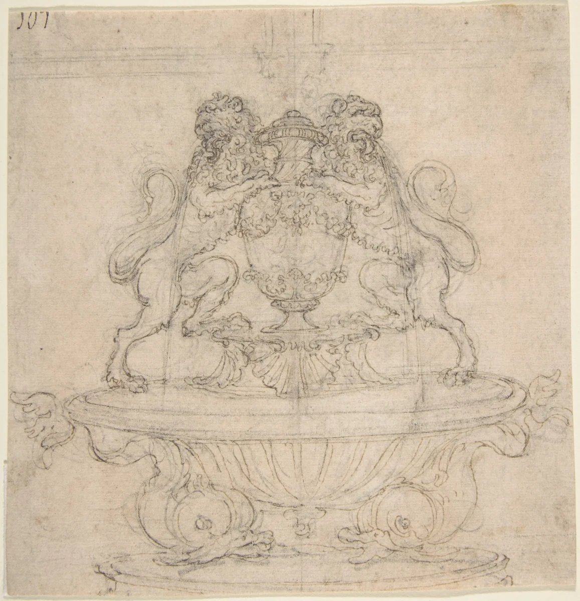 Design for a Fountain with Two Water-Spouting Lions (recto); Sketch for Triumph of Galatea [?] (verso) by Giovanni Battista Foggini, drawing, 1652-1725