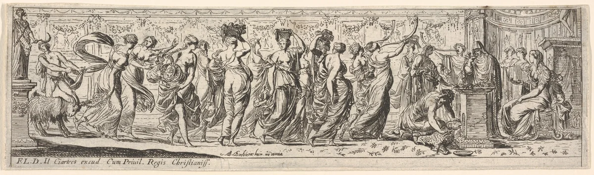 Frieze-like procession of draped women bearing offerings and horns, at right a man cuts a ram's throat before an altar, from a series of twelve frieze-like designs showing bacchanals, sacrifices, and dances by Pierre Brebiette, print, 1617-1625