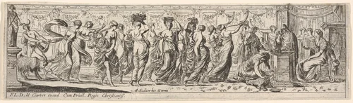 Frieze-like procession of draped women bearing offerings and horns, at right a man cuts a ram's throat before an altar, from a series of twelve frieze-like designs showing bacchanals, sacrifices, and dances by Pierre Brebiette, print, 1617-1625