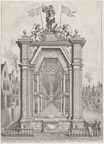 Plate 40: Design for festival architecture honoring the Spanish Prince Ferdinand's triumphal entry into the city of Ghent, January 28, 1635; from Guillielmus Becanus's 'Serenissimi Principis Ferdinandi, Hispaniarum Infantis...' by Johannes Meursius, print, 1636
